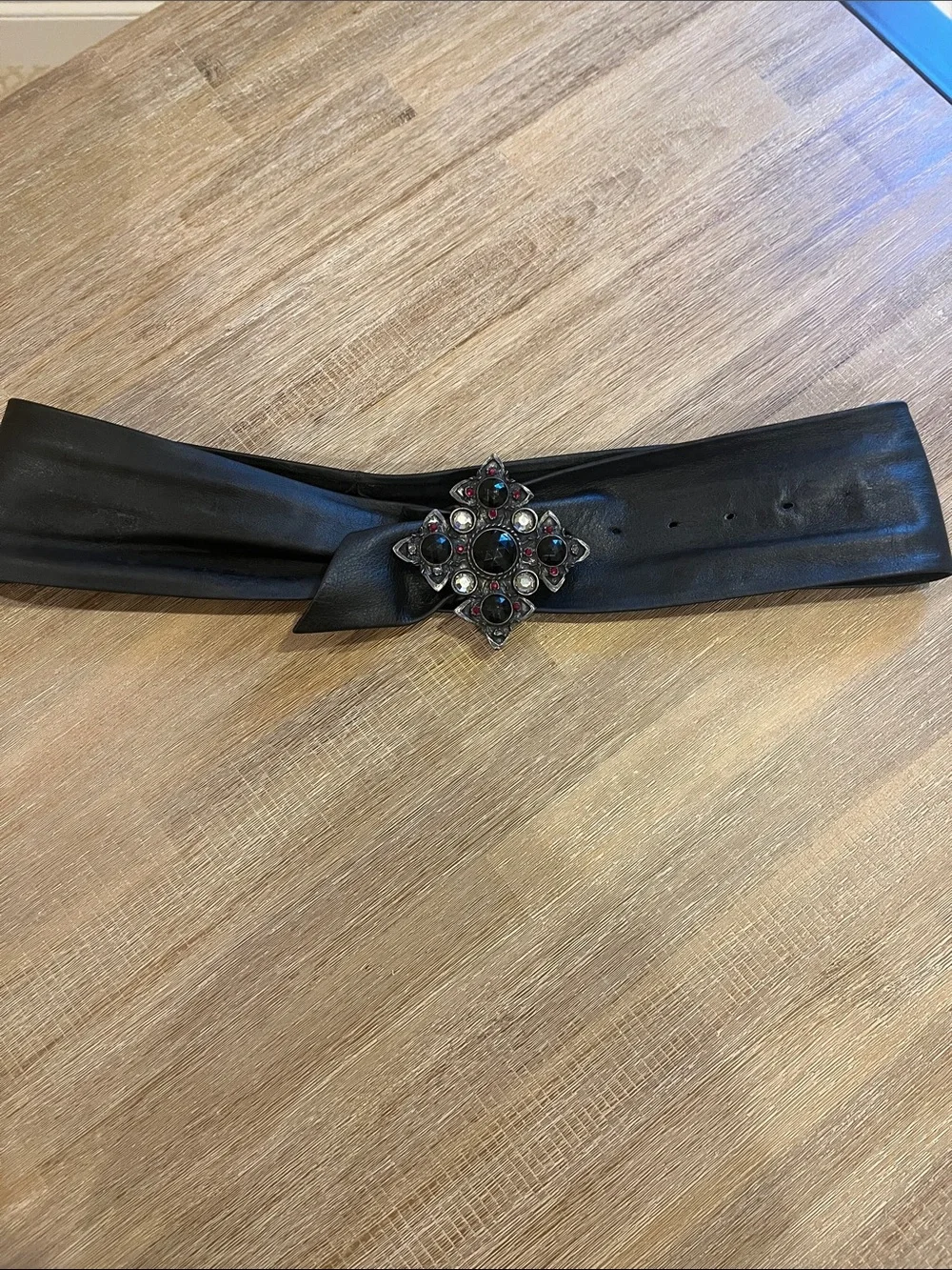 Black Leather Belt with Rhinestone Buckle
